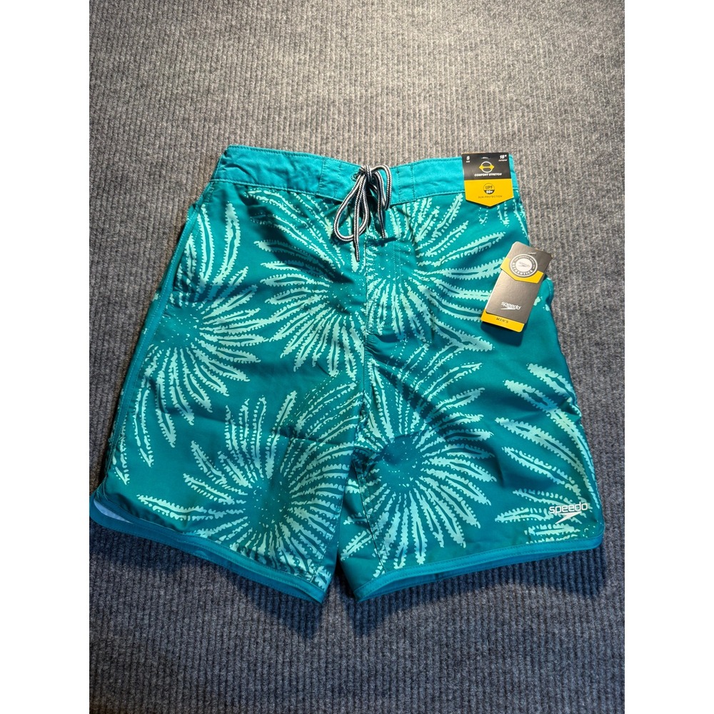 Speedo Mens Board Shorts Teal Green Tropical Print UPF 50+ Swim Trunks Small 18"